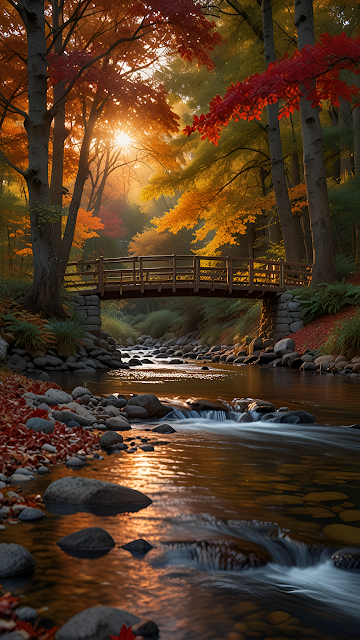 Golden Autumn Forest Stream Wooden Bridge Sunlight - Free mobile Wallpaper