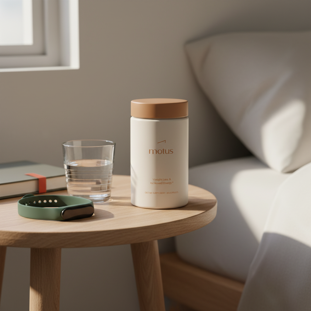 Minimalist bedside photo of Tonum Motus supplement jar beside a glass of water and fitness band, highlighting label 'Motus' — most effective fat burner