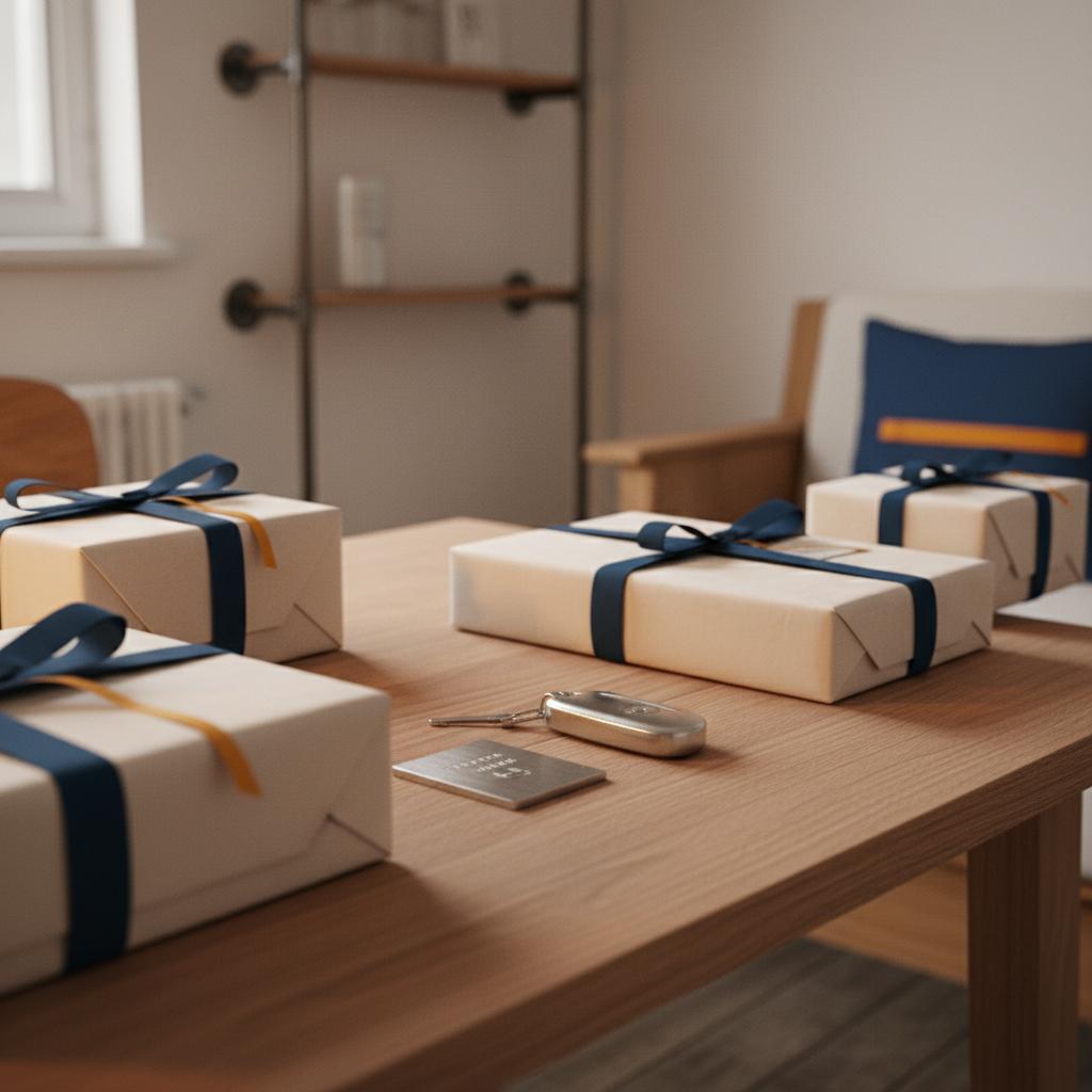 Close-up eines Holztisches mit sorgfältig verpackten Geschenken und Metall-Andenken, warme Lichtstimmung — besondere Geschenke für Schwester zur Hochzeit