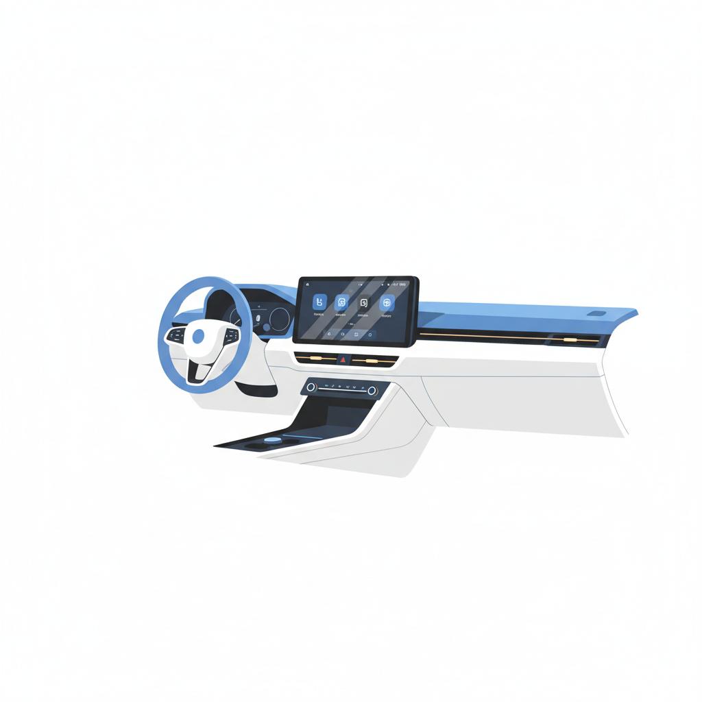 Minimalist 2D vector view of a generic Kia interior focusing on the infotainment screen and dashboard warm lighting white background accents in blue 3666ed modern tech elements uncluttered composition no people no logos most reliable Kia model