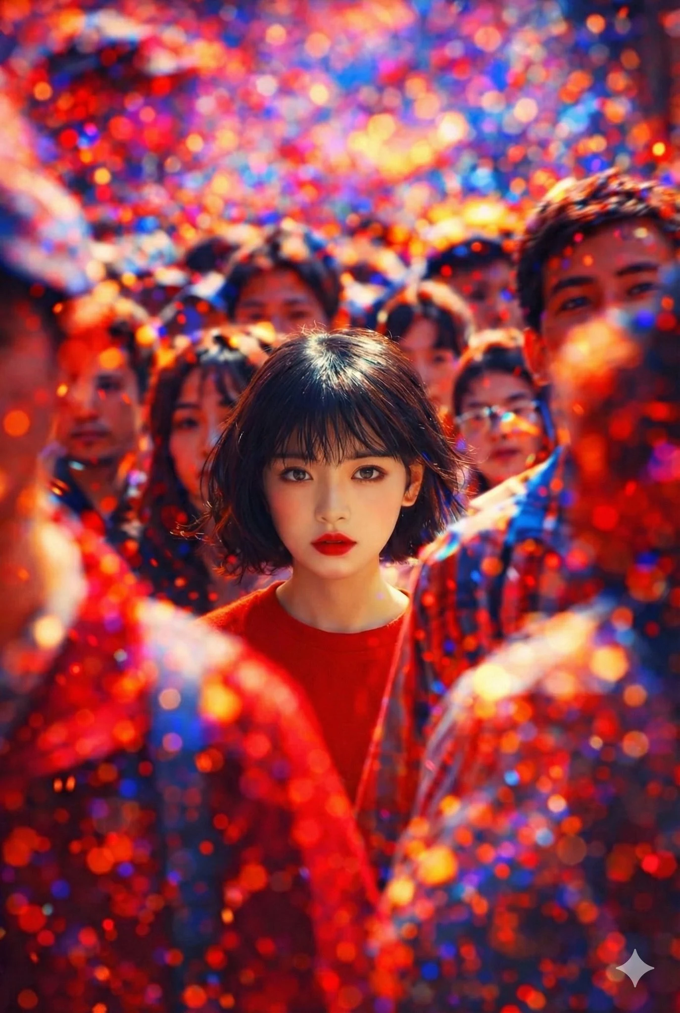 Retrato onírico de una joven entre la multitud.