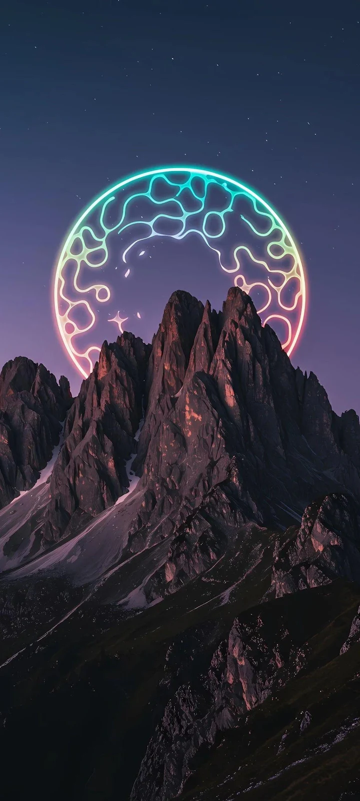 Glowing Circle Over Jagged Mountains - Surreal Digital Art Full HD iPhone Wallpaper (1135x2522)