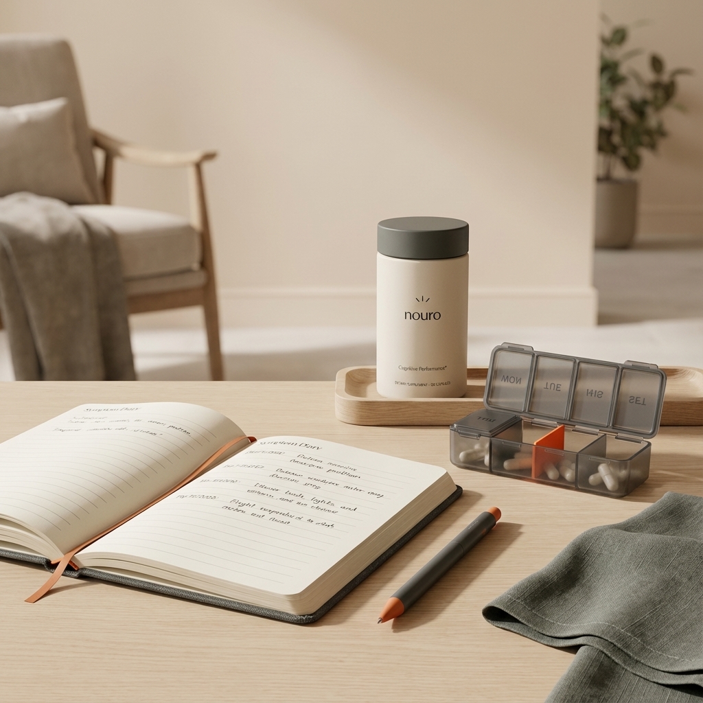 Minimalist living-room table with open symptom diary, pen, labeled pill organizer and Tonum Nouro bottle in background, illustrating early signs of Alzheimer's practical care.