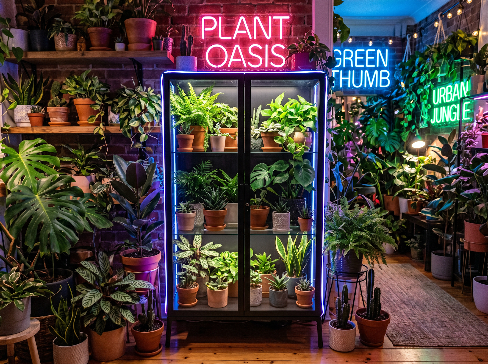 Electric Jungle — Rudsta custom plant habitat with grow lights, smart home automation, surrounded by tropical plants