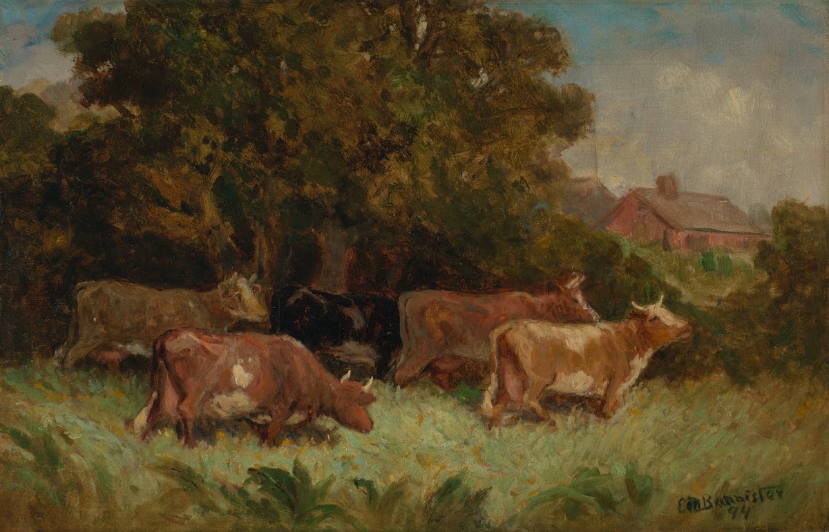 Untitled five cows in pasture rooftop in background 1894