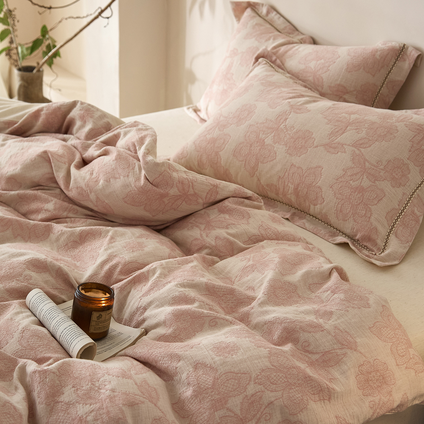 Cotton-Linen Bedding Set, 4-piece, Floral Pattern
