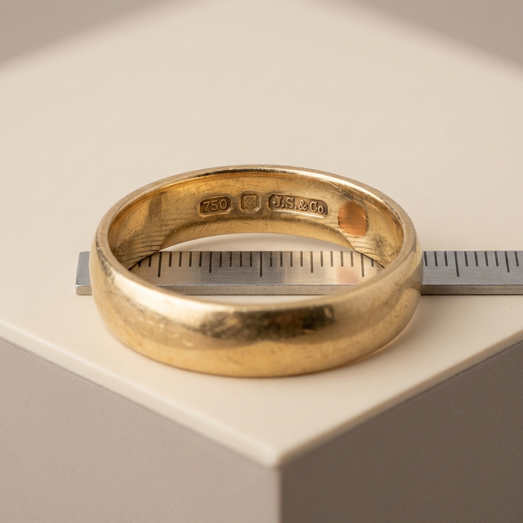 Macro photograph of the oldest gold ring punched hallmark cluster showing fineness mark and maker mark with a millimetre scale for accurate size reference on a warm beige background