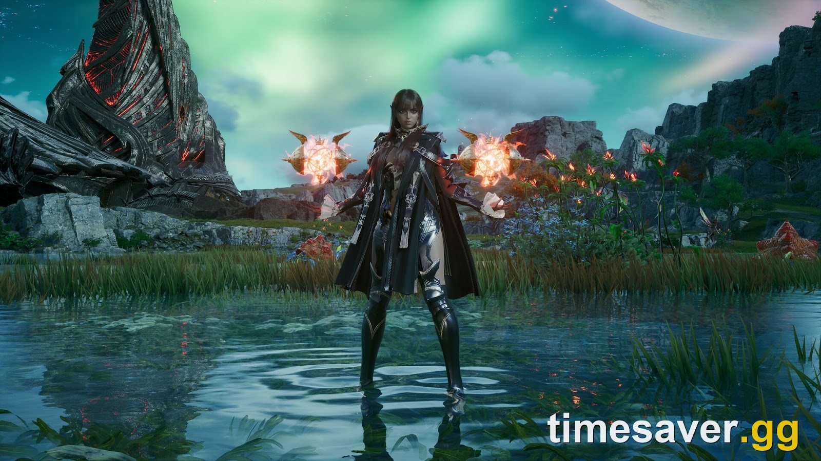 A caster-class AION 2 Daeva channels two orbs of fire in a combat stance by a reflective pool — the moment-to-moment ability rotation that defines each class's role inside a dungeon group (official AION 2 screenshot)
