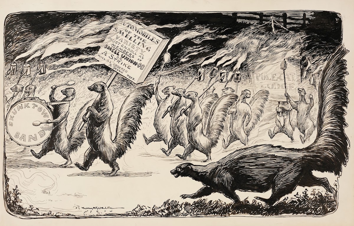 Skunks march to demand that smelly automobiles be members of their union 1904