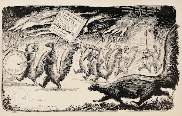 Skunks march to demand that smelly automobiles be members of their union 1904