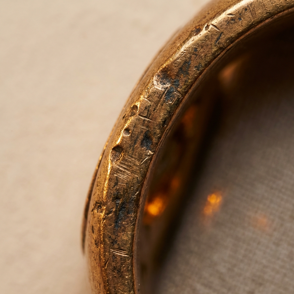 Macro close up of a roman gold ring edge showing wear patina and fine tool marks on warm beige background #ede7da minimalist composition