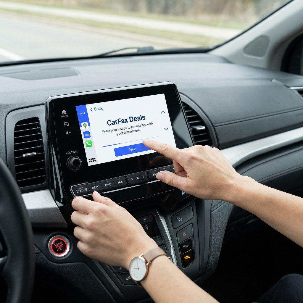 Close up of a minivan dashboard with infotainment touchscreen and hands operating controls during a test drive mini vans for sale