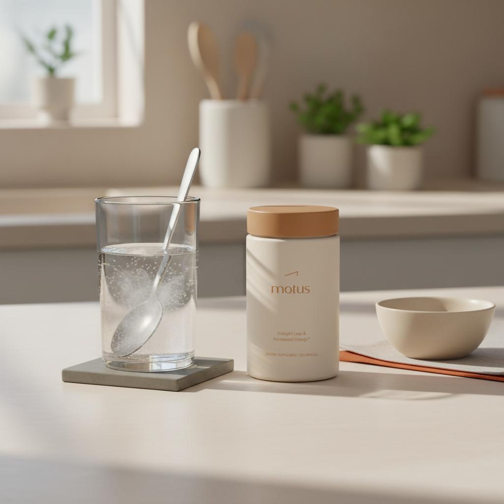 Tonum Motus supplement bottle beside a glass of water with a spoon stirring psyllium powder on a clean beige counter, minimalist lifestyle scene for Metamucil weight loss