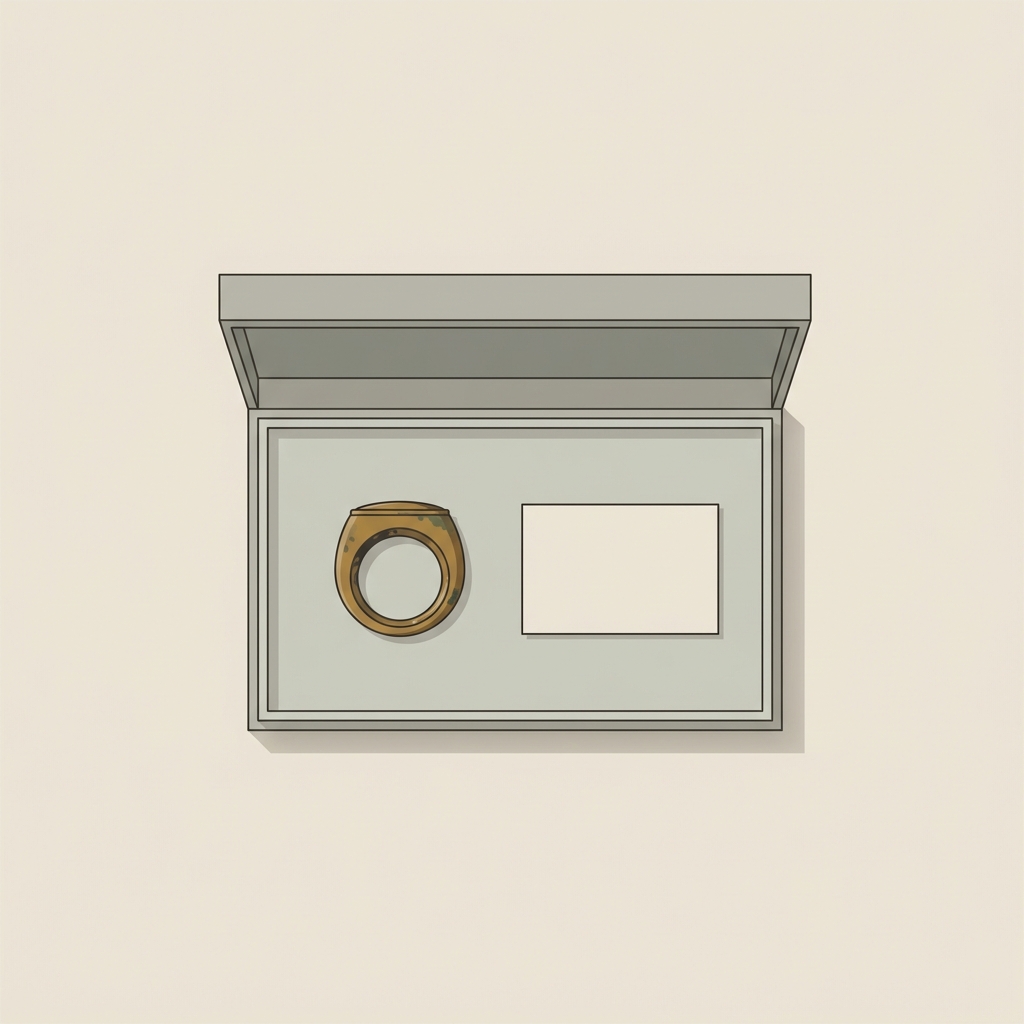 Minimal 2D vector top down view of an open archival box revealing ancient roman seal rings bronze ring beside a blank provenance slip on a neutral ede7da background