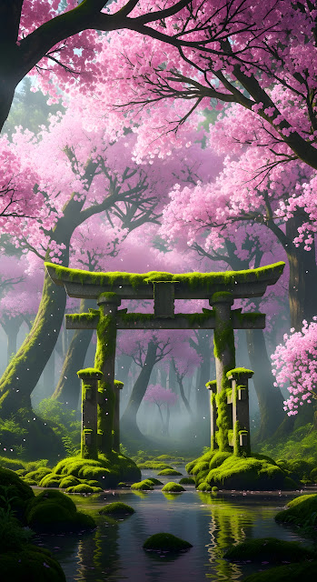Mossy Torii Gate in Misty Cherry Blossom Forest - Free mobile Wallpaper