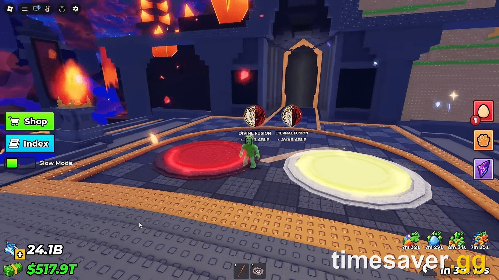 The Secret Fusion Shrine in Steal An Egg, showing the Divine Fusion and Eternal Fusion altars