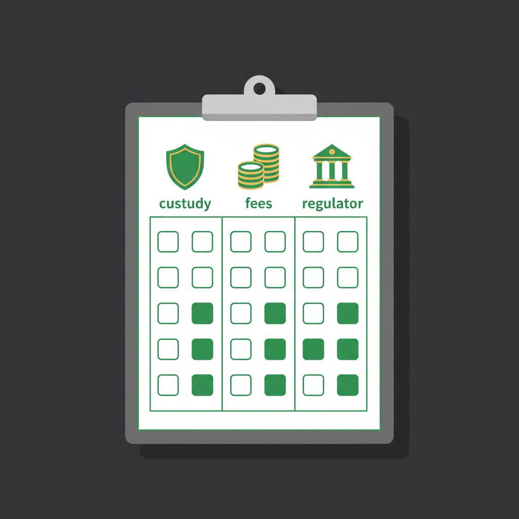 Minimalist 2D vector clipboard checklist with custody shield fees coin stack and regulator courthouse icons comparing XRP exposure for best crypto etf on dark background