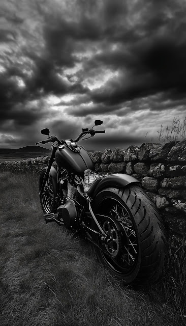 Monochrome Chopper Motorcycle Against Stormy Rural Sky - Free mobile Wallpaper