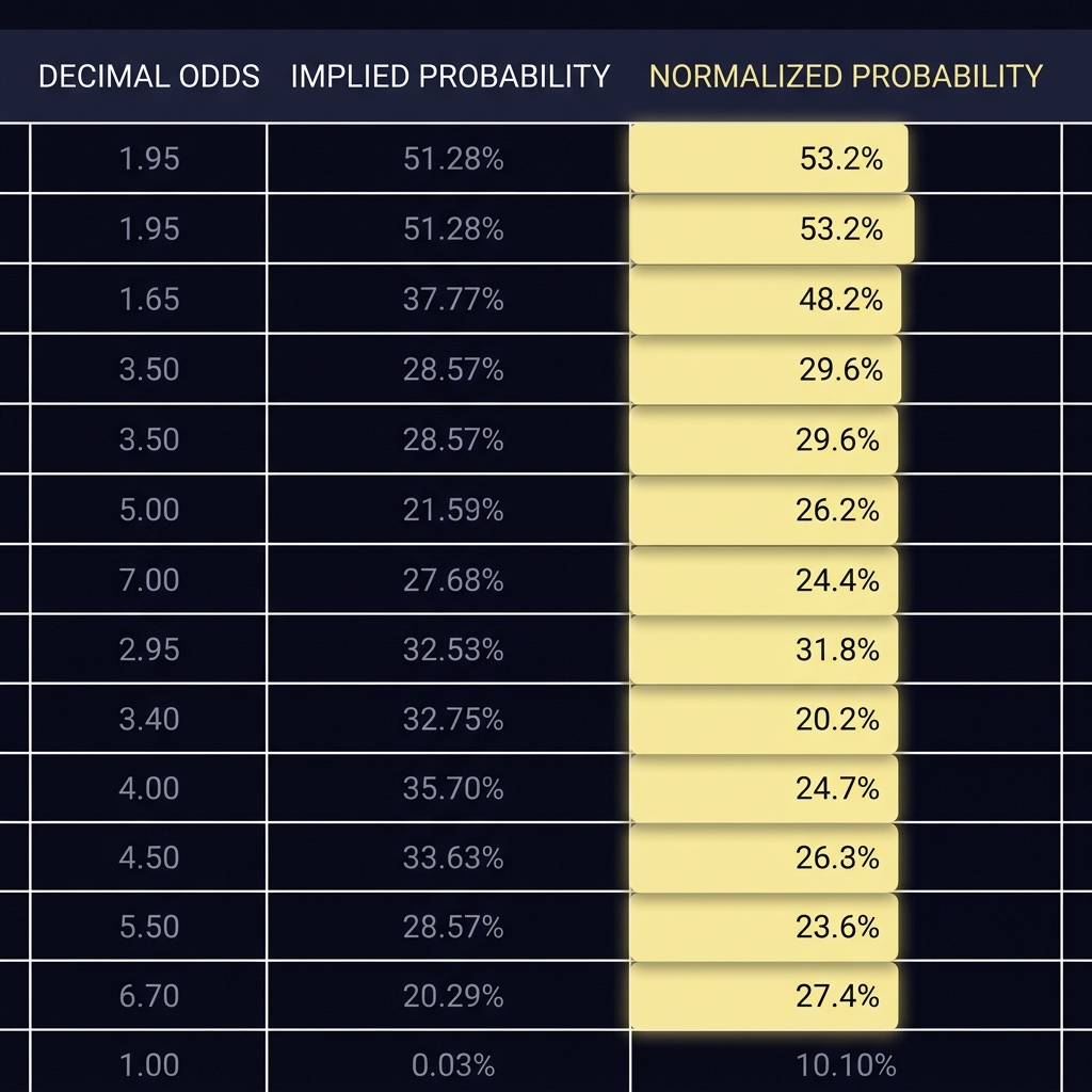 Minimalist full frame spreadsheet showing odds to probability conversions and normalized probabilities highlighted in accent color for a betting analytics worksheet How to Analyze Upset Potential