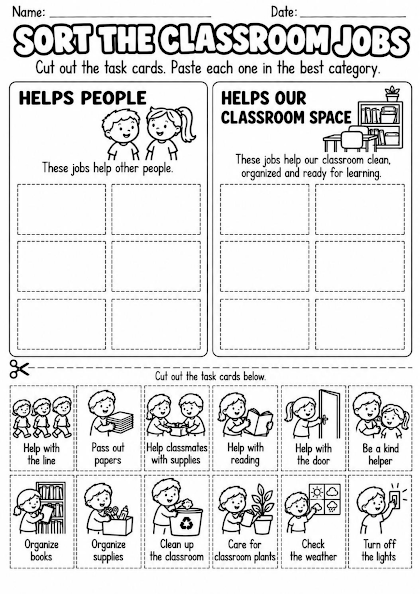 Classroom Jobs Sorting Worksheet