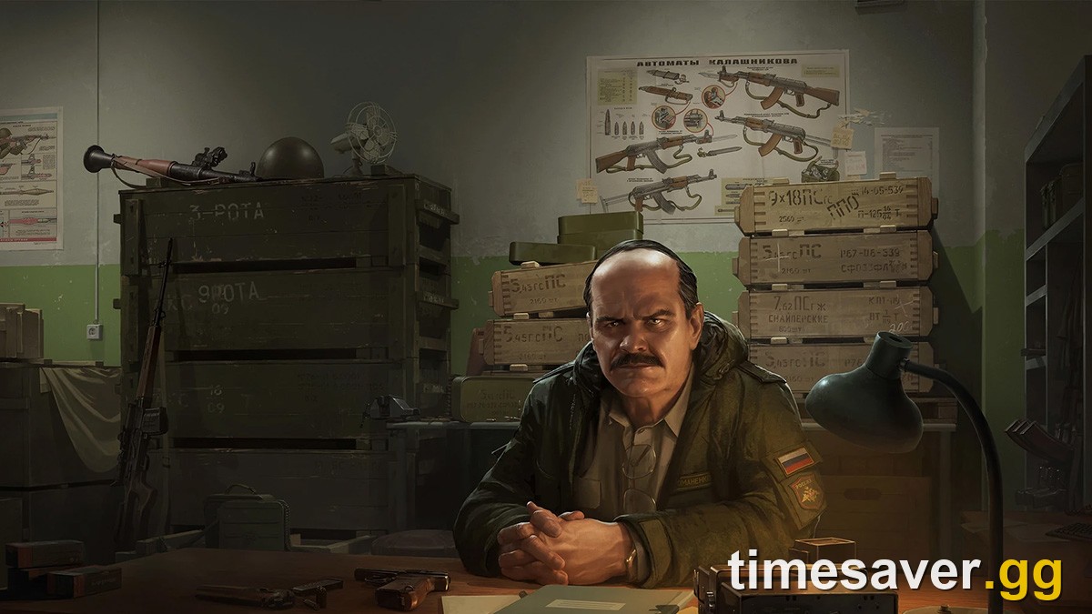 Official Escape from Tarkov key art of the trader Prapor sitting at his desk surrounded by ammo crates — one of the traders you must reach Loyalty Level 4 with