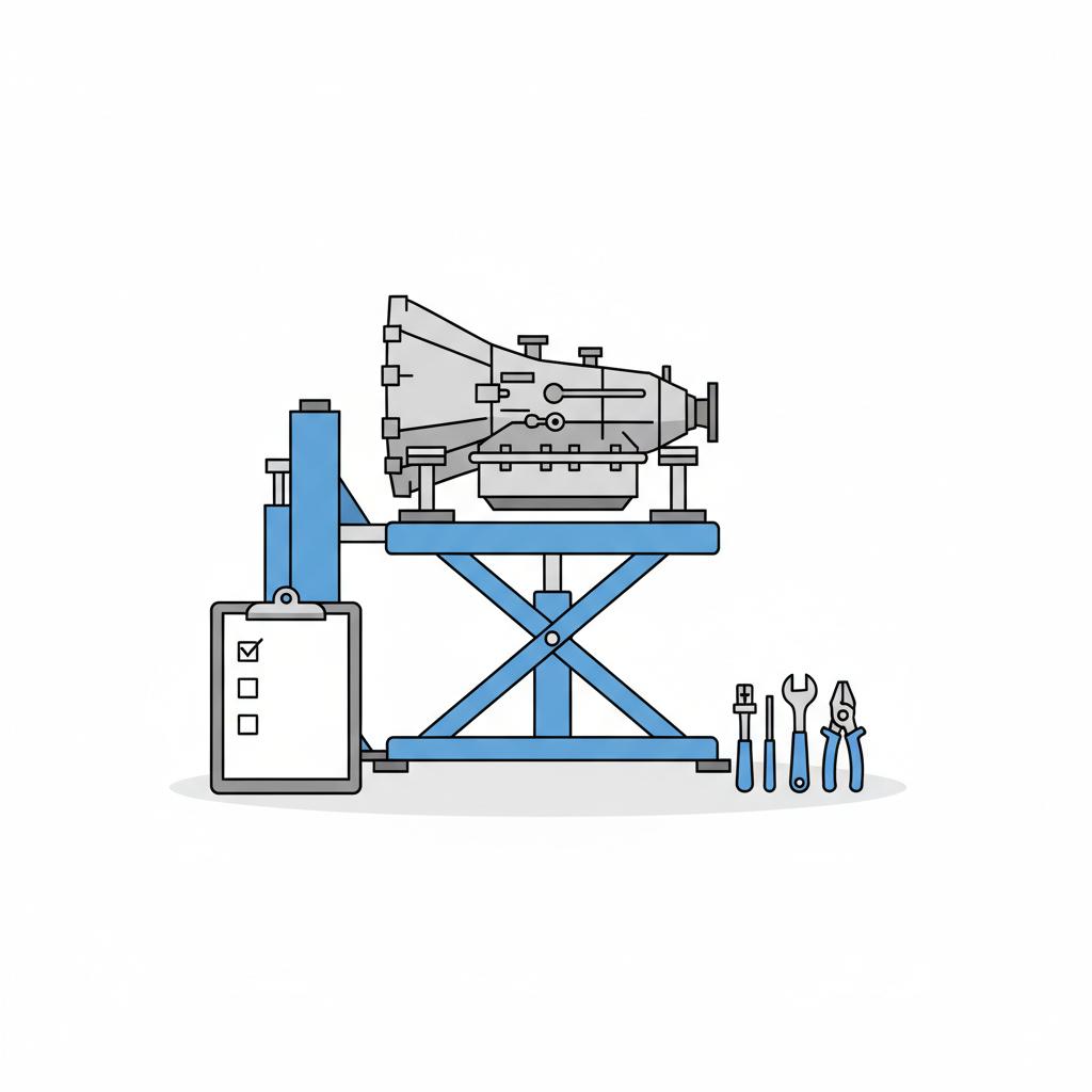 Minimalist 2D vector of a truck transmission on a service lift with a clipboard and tools, white background, CarFax Deals blue accents dodge ram 1500 for sale