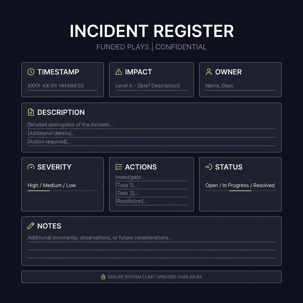 Minimalist Funded Plays incident register sheet showing labeled fields Timestamp Impact Owner Description in dark brand colors Why Losses Should Never Be Hidden or Rationalized