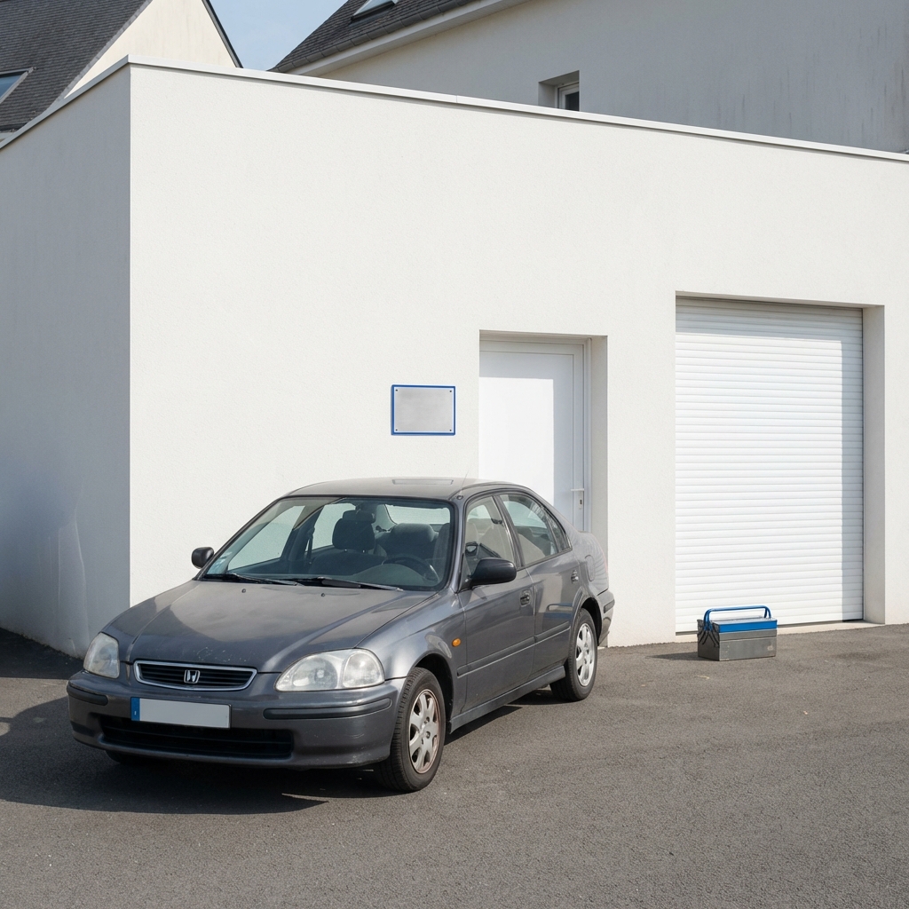 which hondas are having engine issues used Honda parked in front of a small local mechanic shop daylight minimalist shot accent color #3666ed on sign and toolbox