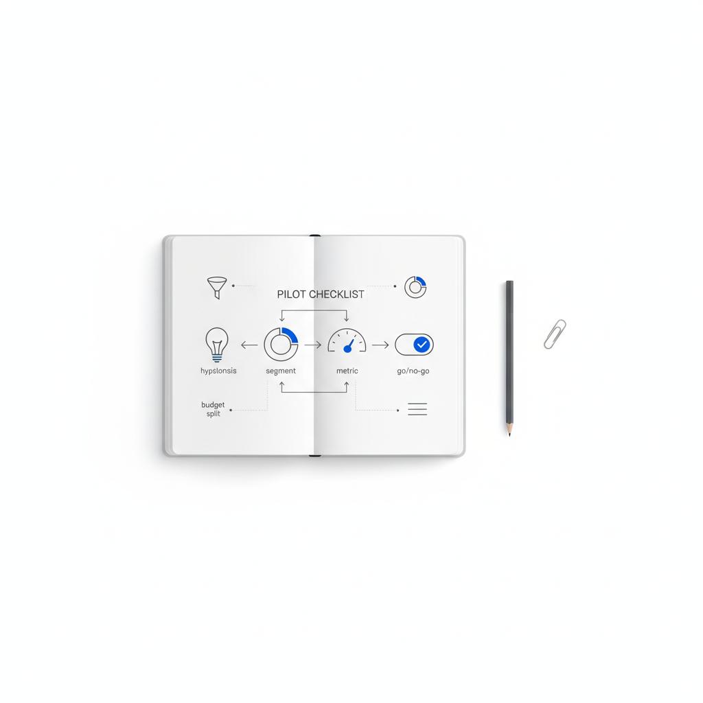 Overhead vector of a notebook pilot checklist sketch with icons for hypothesis, segment, metric and go/no-go on white background with blue accents &mdash; best lead generation tool