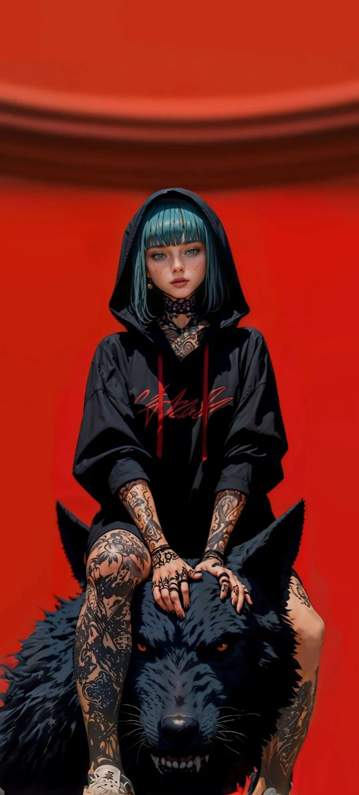 Hooded Girl On Black Wolf - Digital Illustration Full HD iPhone Wallpaper (1080x2394)