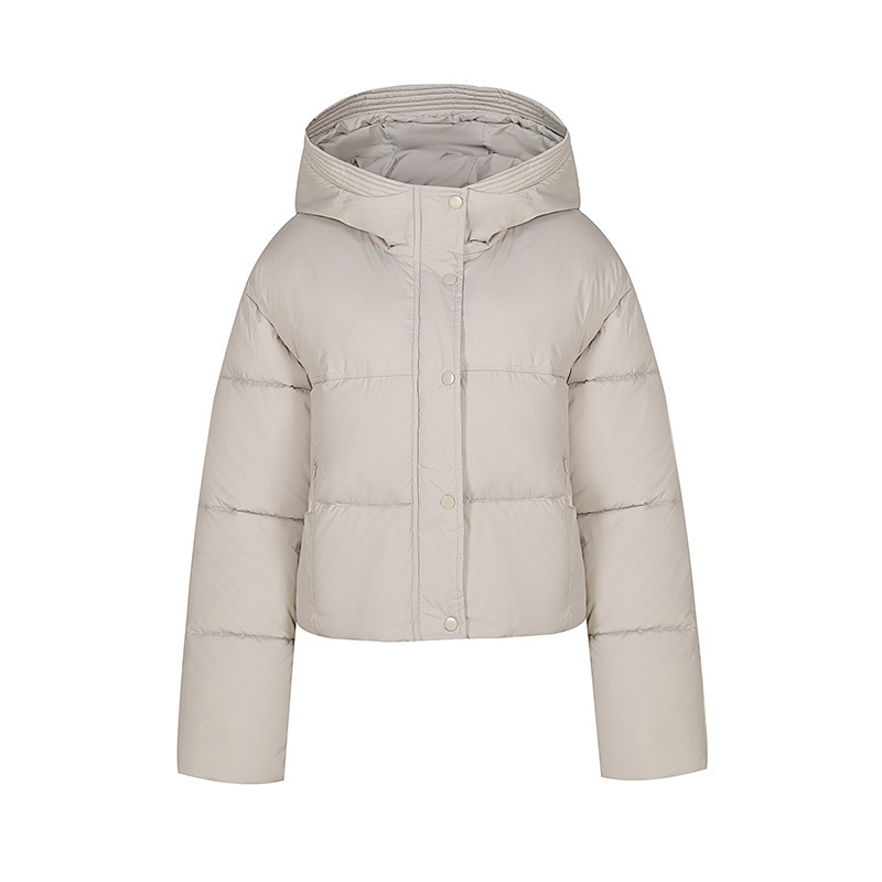Short quilted jacket for women with stand-up collar and button placket