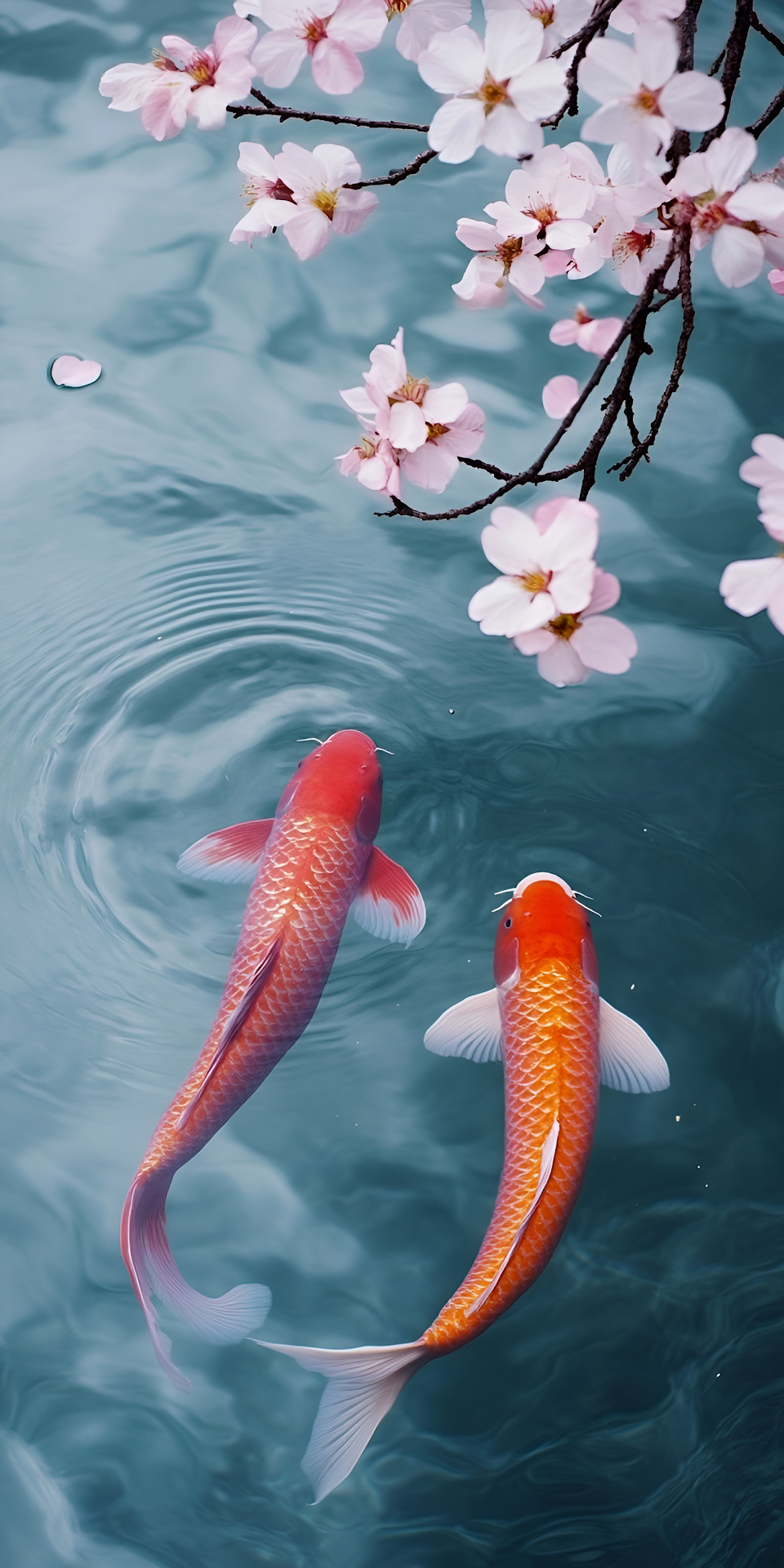 Japanese Koi Fish Swimming Under Pink Sakura Blossoms Water - Free 4K mobile Wallpaper