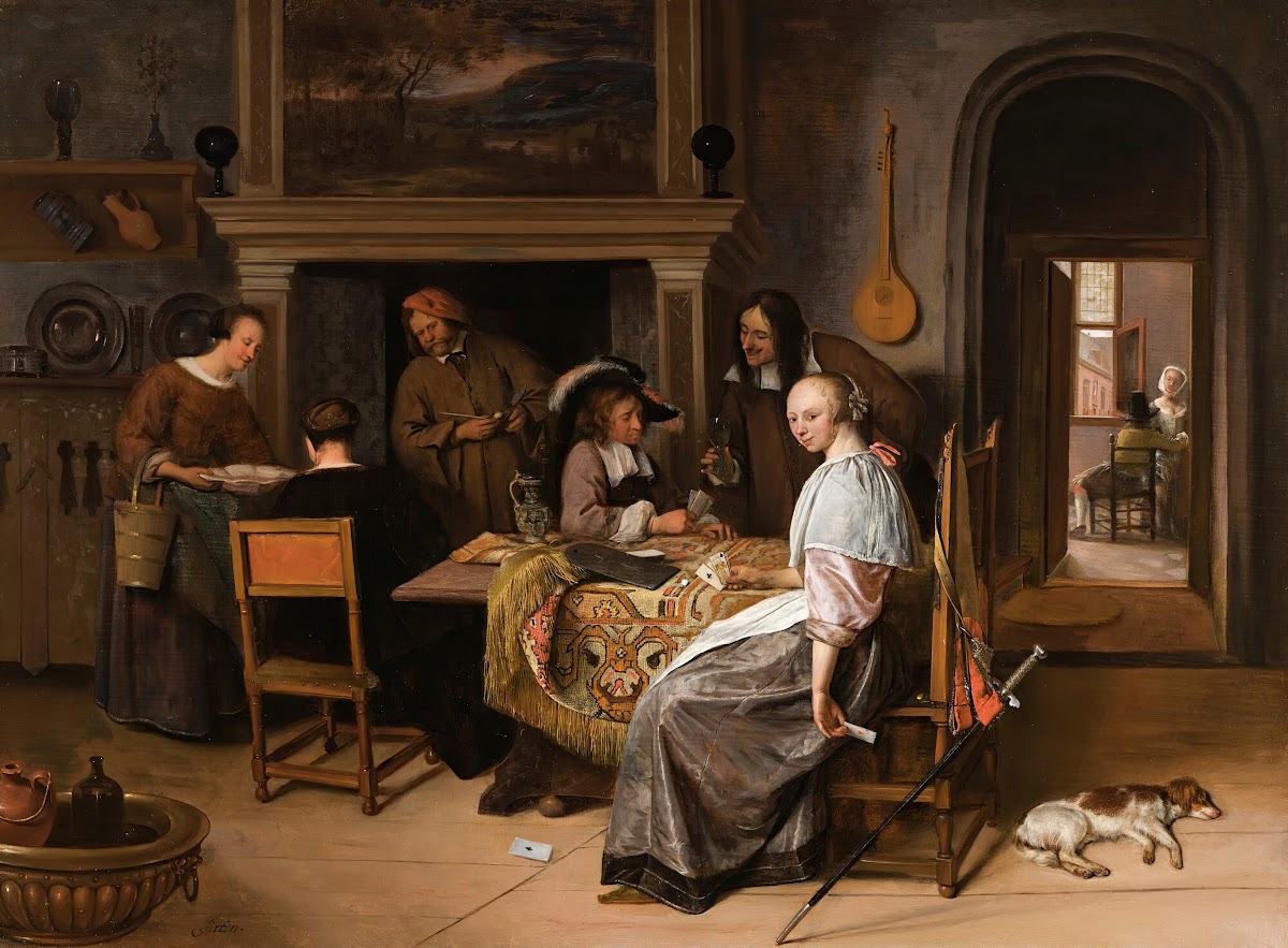 An Elegant Company In An Interior With Figures Playing Cards At A Table