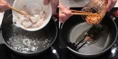 Bắc nồi nước lên bếp, nước sôi thì cho mực vào luộc trong khoảng 2 phút thì vớt ra. Bắc chảo lên bếp cùng chút dầu, khi dầu nóng đều thì cho hỗn hợp tôm khô hành tỏi xay nhuyễn vào phi thơm.