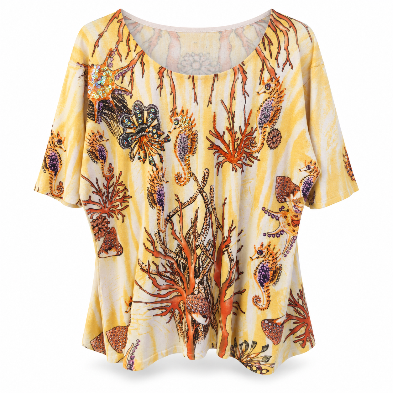 Dama - Tricou damă galben cu imprimeu marin și paiete, mărimea L