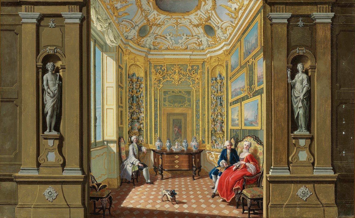 Elegant Figures Seated In The Picture And Porcelain Cabinet of a Palace