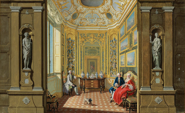 Elegant Figures Seated In The Picture And Porcelain Cabinet of a Palace