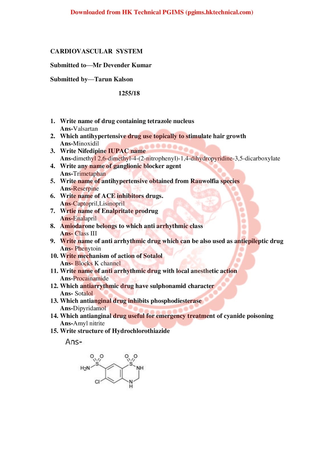 Cardiovascular system Questions Answer 6th Semester B.Pharmacy Previous Year's Question Paper,BP601T Medicinal chemistry III,BPharmacy,BPharm 6th Semester,Medicinal Chemistry,PGIMS Question Paper,