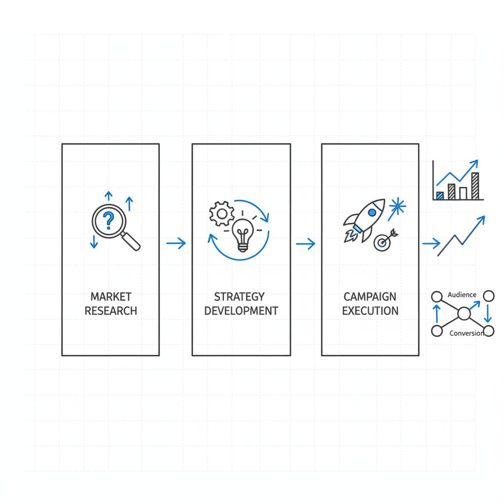 Minimal 2D vector storyboard of three vertical frames (hook, demo, CTA) with arrows leading to an instant form and CRM flow on a white background in Agency Visible colors &mdash; TikTok advertising for services