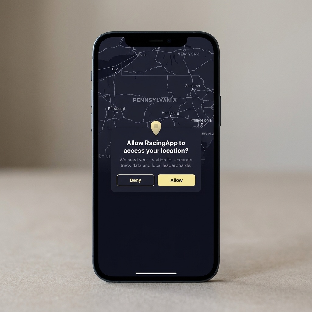 Close up of smartphone showing racing app geolocation prompt over a clean map of Pennsylvania with highlighted cities and a pale gold map pin minimalist Funded Plays style pa bets tvg