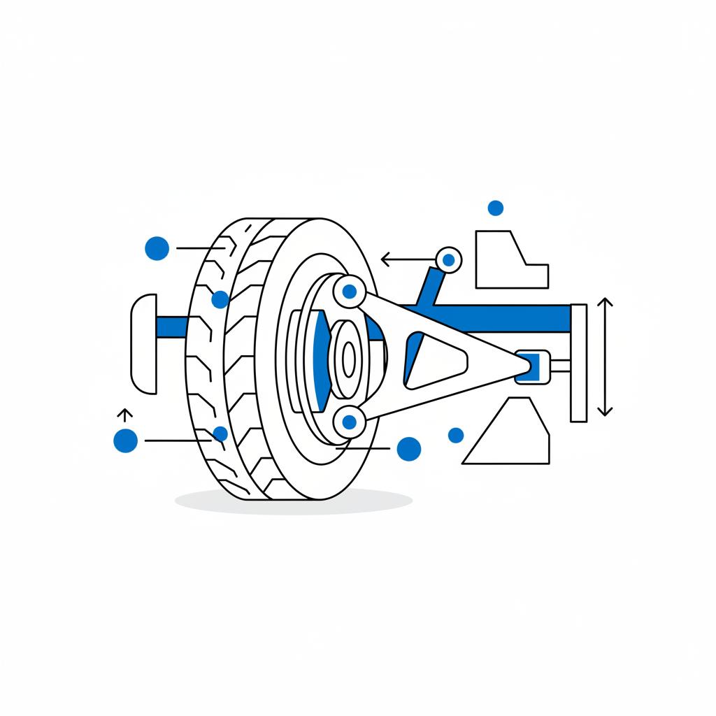 Minimalist 2D vector close up of a tire and underbody inspection with accent markers on white background for toyota land cruiser for sale