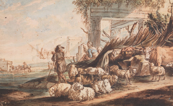 Shepherd with a flock of sheep and a cow among ruins 1600   1700