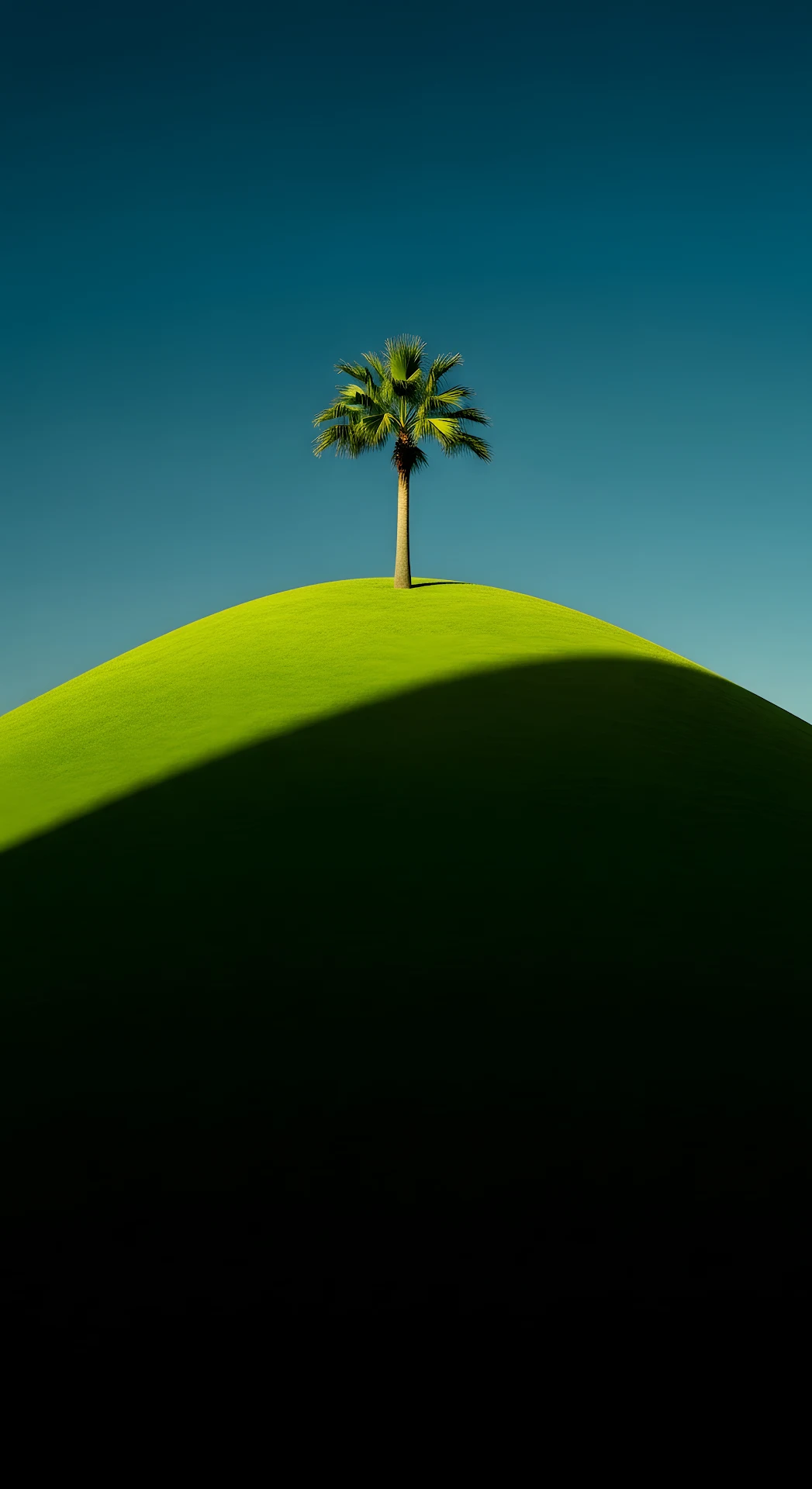 Minimalist Palm Tree Silhouette on Vivid Green Geometric Hill - Free 4K mobile Wallpaper
