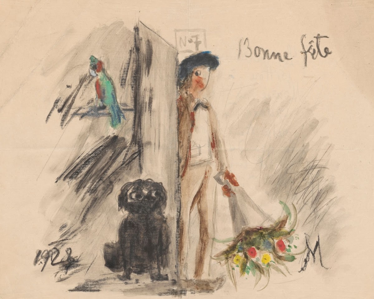 Name day card for Maria Mickiewiczówna with a drawing showing self portrait of t