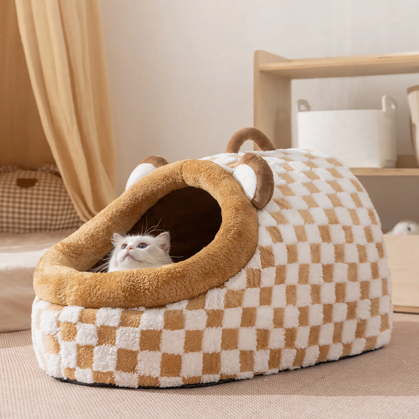 Semi-open cat bed with carrying handle, warm