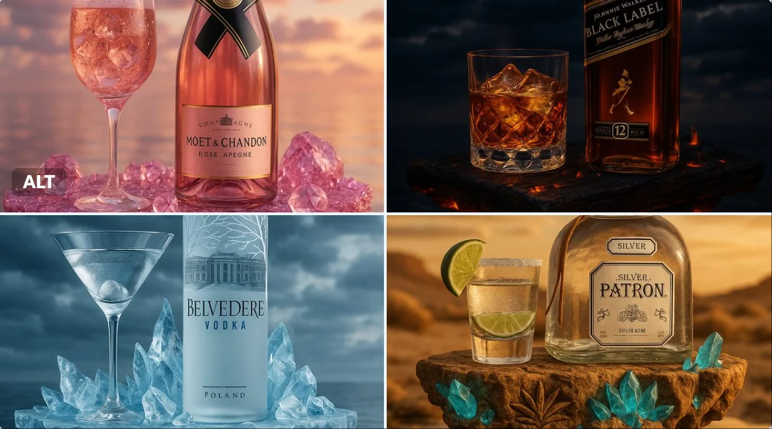 Escena publicitaria cinematográfica con gran nivel de detalle que presenta [TIPO DE ALCOHOL, MARCA]