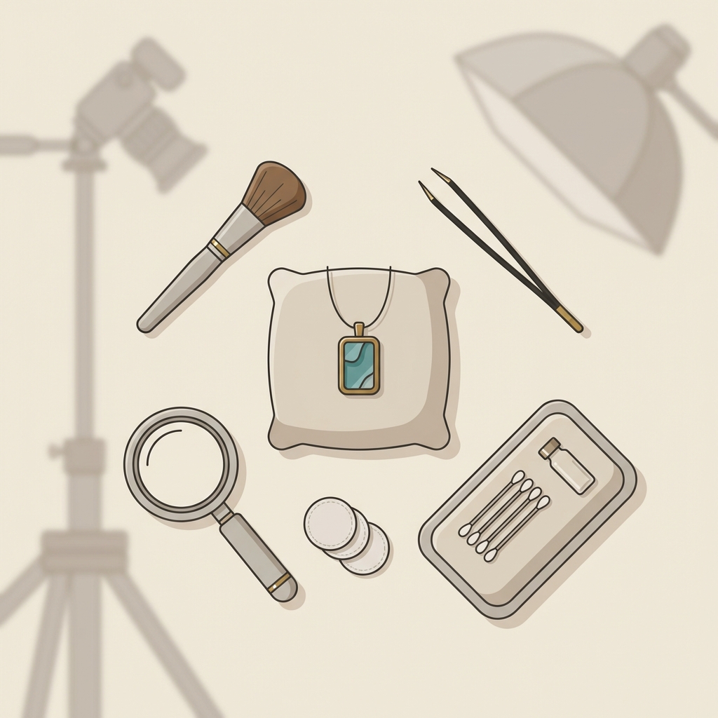 Minimalist 2D vector illustration of a roman glass necklace pendant on a padded conservation table with simplified tools and blurred photography equipment on a warm beige background