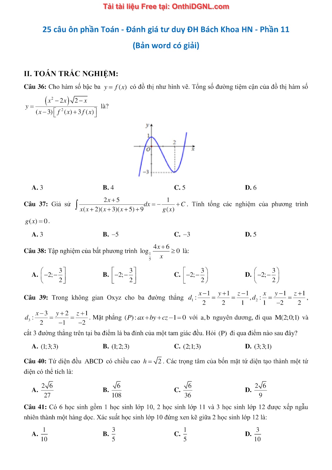 475 bài tập môn Toán - Ôn thi ĐGTD ĐH Bách Khoa Hà Nội Phần 11