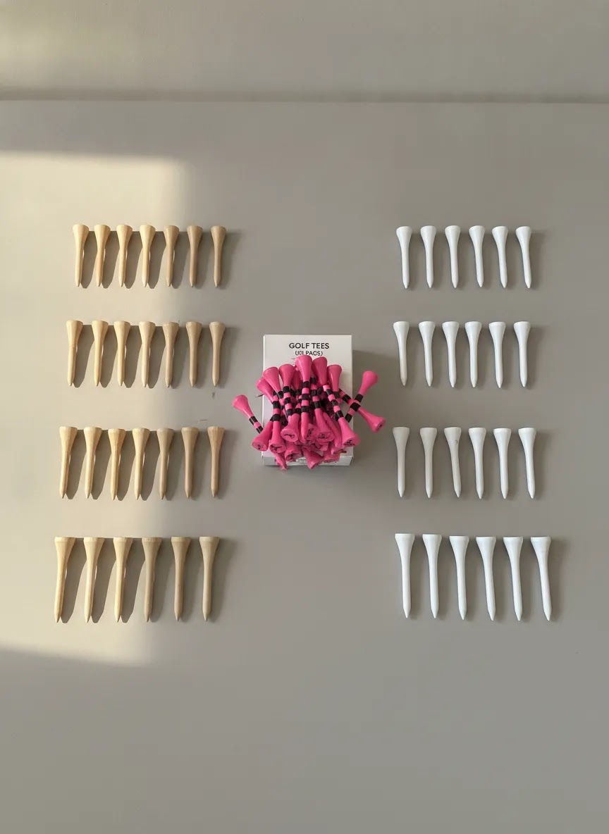 Golf tees comparison image showing golf tee sizes and materials with color options for choosing the best golf tees