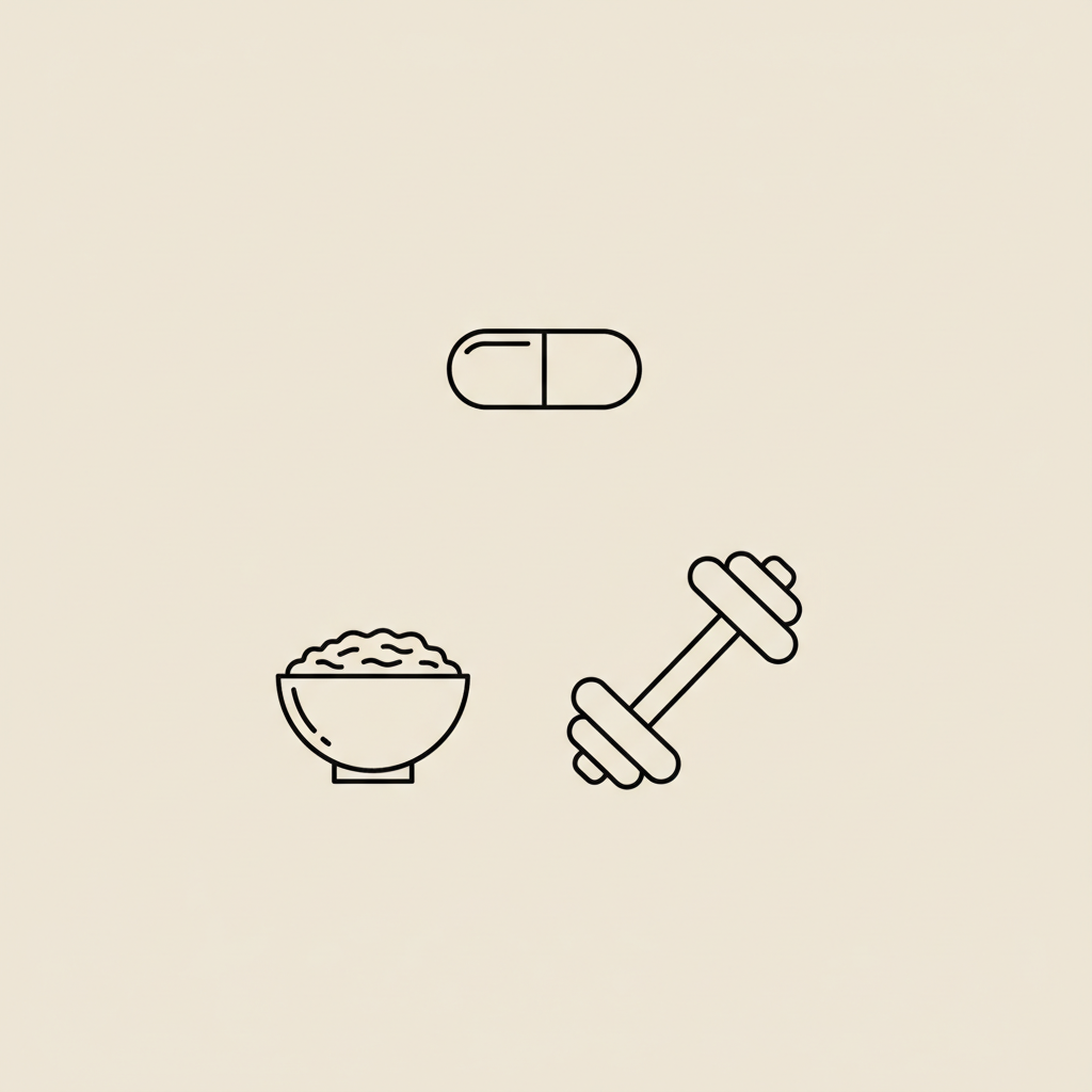 Minimal Tonum-style vector line illustration of a capsule, oat bowl, and small dumbbell on beige background, symbolizing best appetite suppressants.